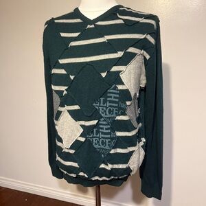 Desigual Teal and Gray Patchwork Stripe Argyle V-Neck Sweater